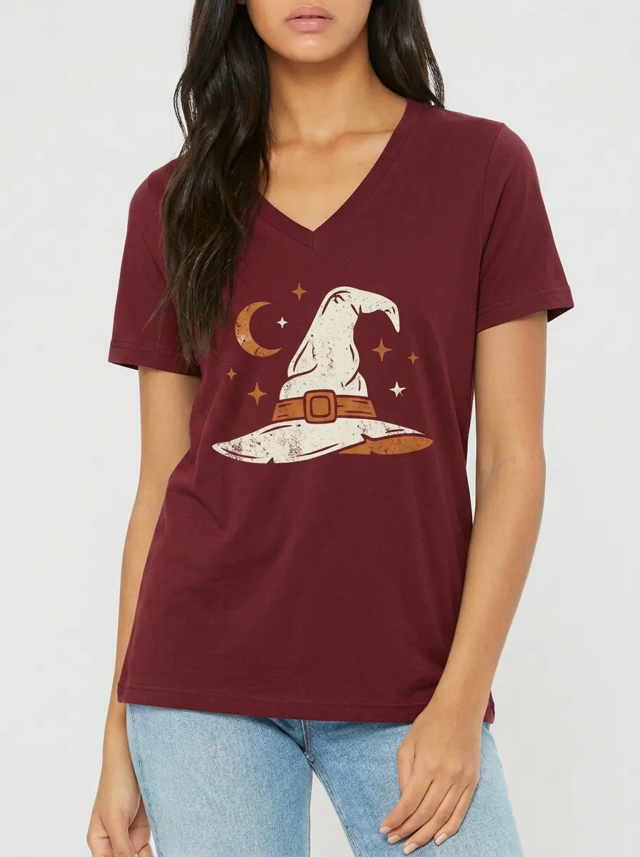 Women's Halloween Witch Hat Moon Stars Printed V-neck T-shirt
