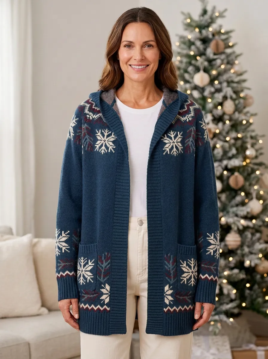 Christmas Snowflake Pattern Print Hooded Cardigan