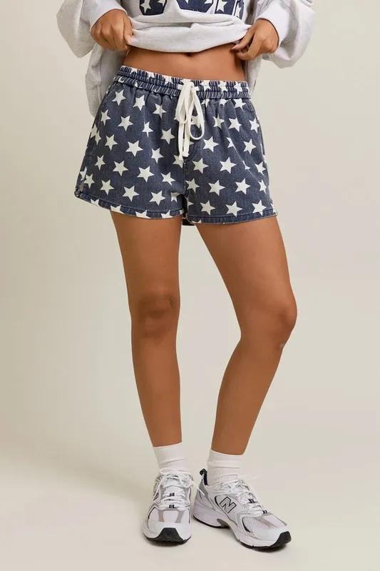 Blue Cotton Blend Drawstring Shorts Clean Fit