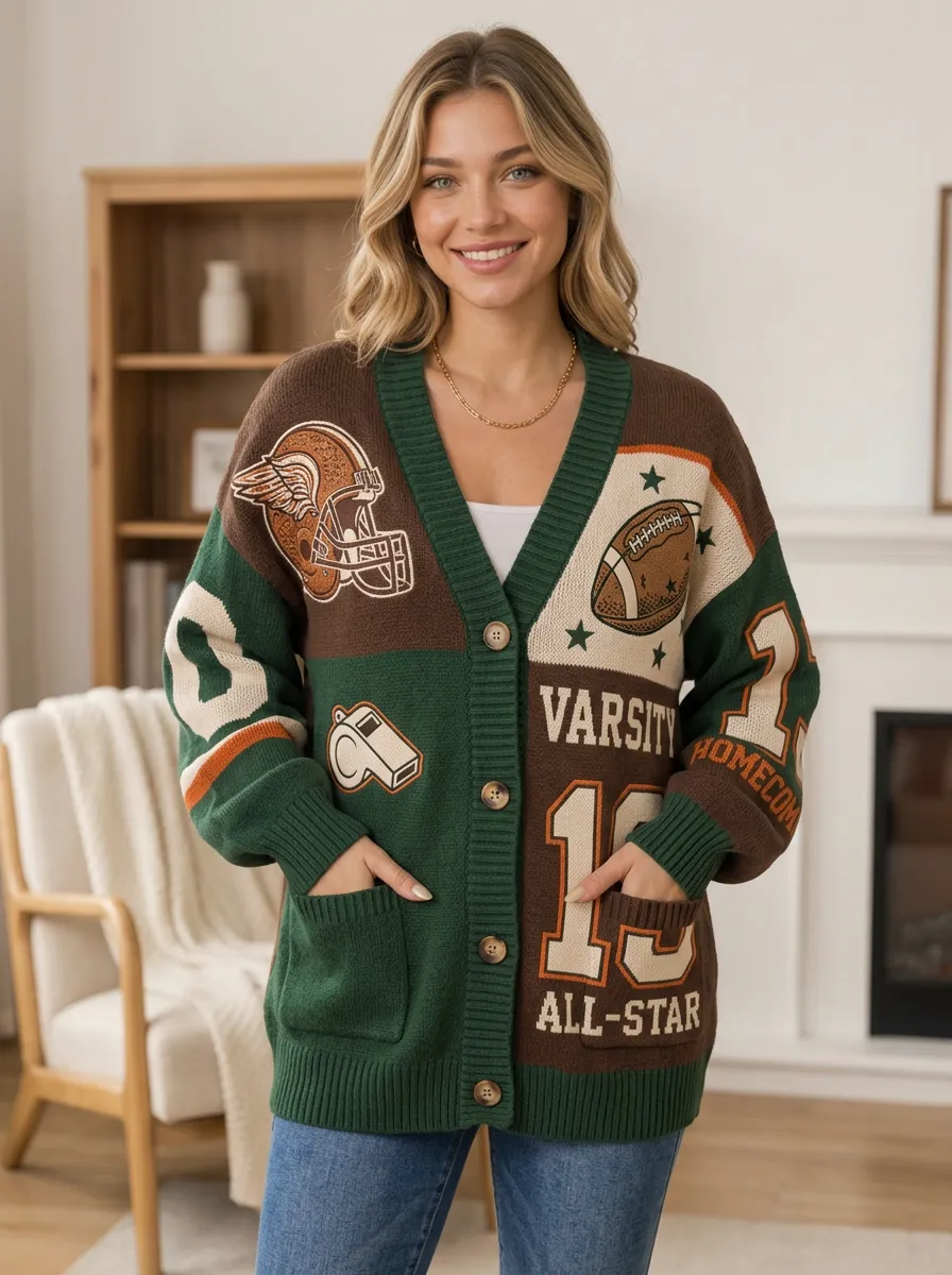 Women's Distinctive Helmet Football Ball Knitted Cardigan