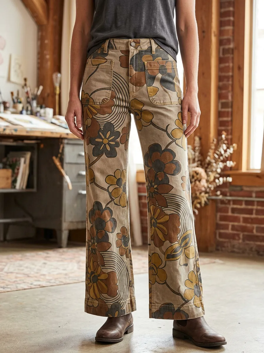 Women's Retro Floral 70s Style Printed Wide Leg Pants