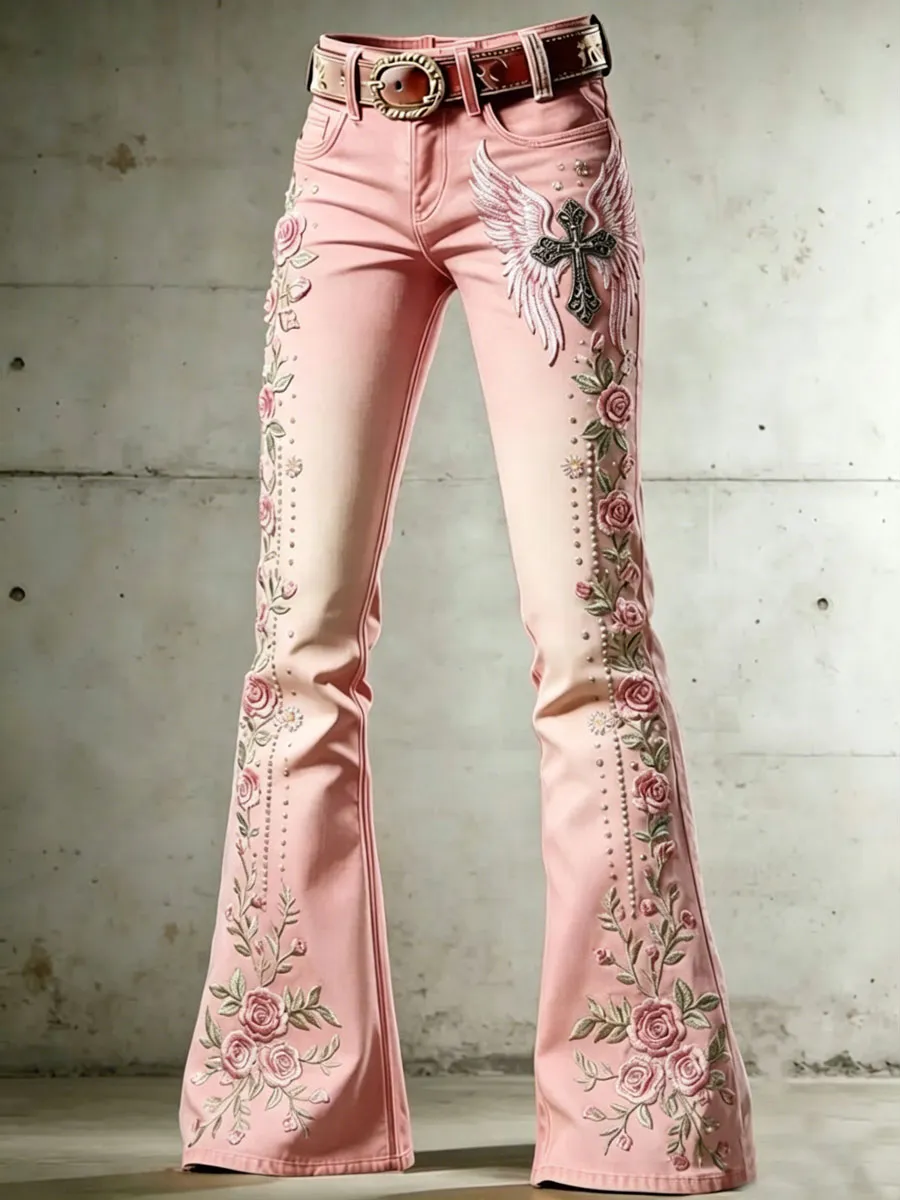 Ladies' Casual Trumpet Pants With Floral Wings And Cross Pattern