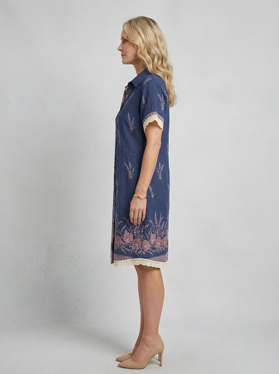 Women's Summer Vacation Lavender Floral Gingham Printed Shirt Dress