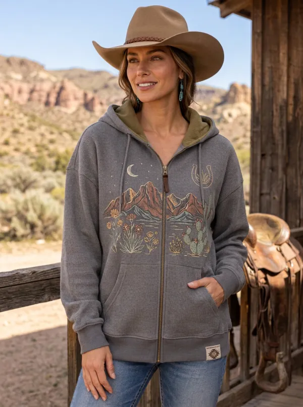 Women's Western Desert Mountain Cactus Printed Zip-up Hoodie