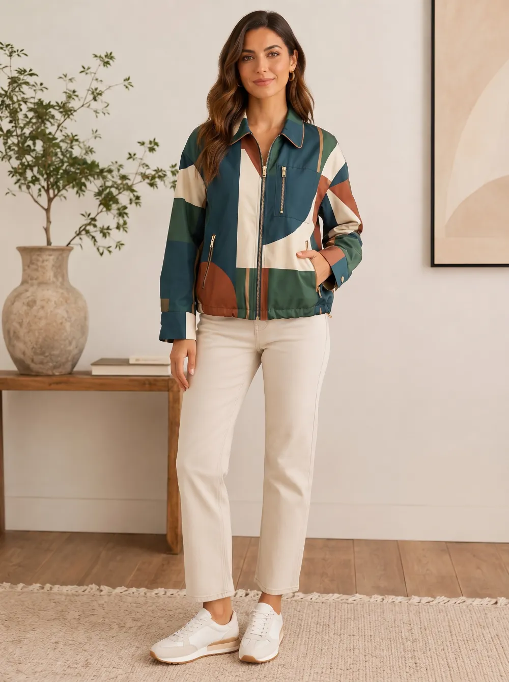 Women's Geometric Colorblock Zip Jacket