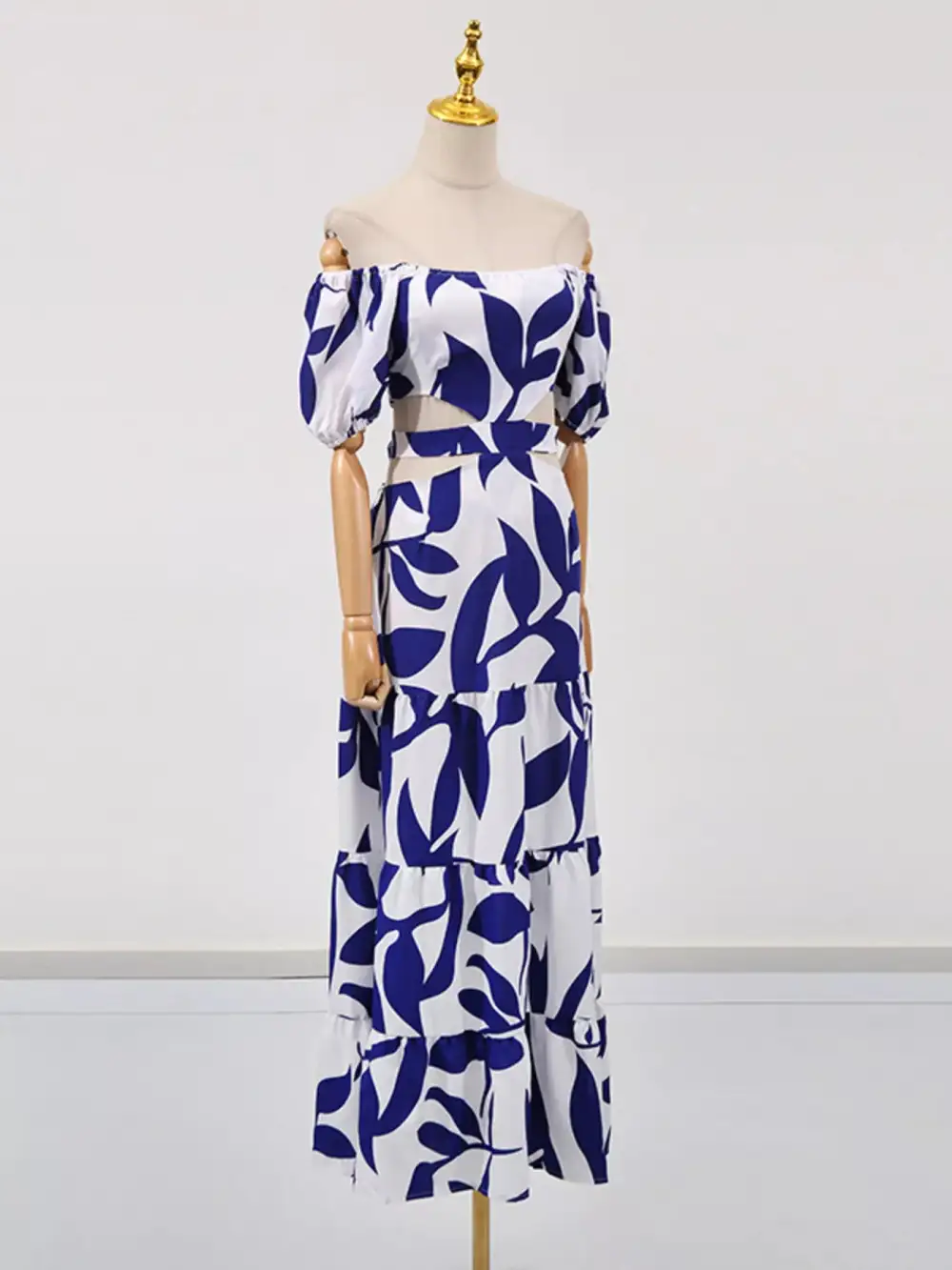Off Shoulder Cutout Leaf Print Maxi Dress