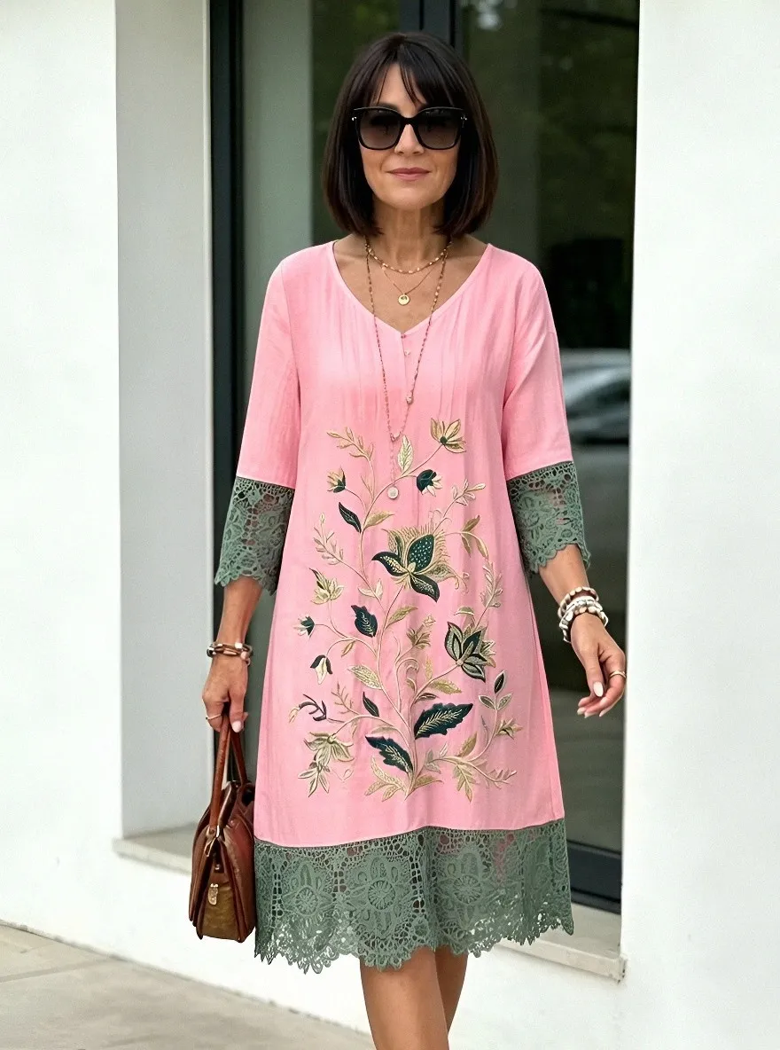 Women's Summer Vacation Floral Embroidery Lace Trim Printed Dress