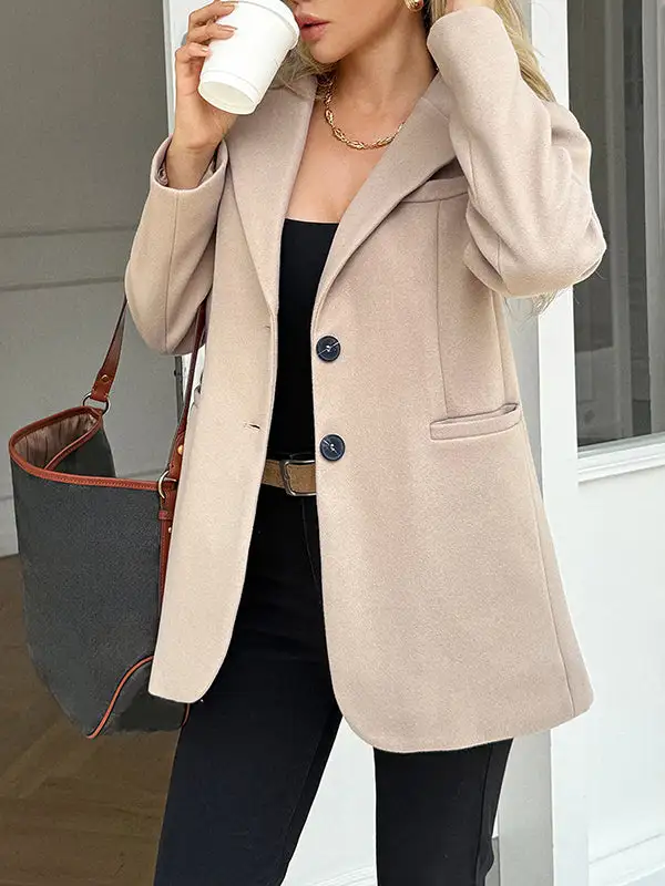 Long Sleeve Button Front Pocket Solid Color Notched Jacket