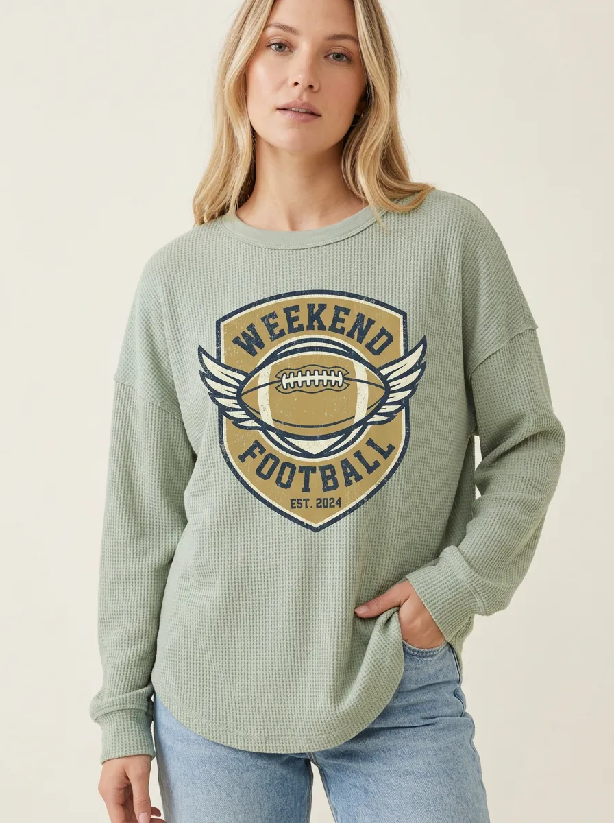 Women's Weekend Football Winged Shield Graphic Printed Waffle T-Shirt