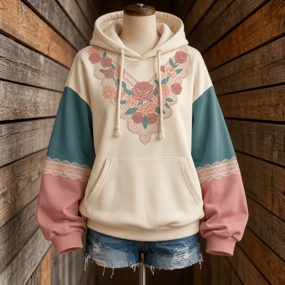 Women's Western Style Rose Lace Printed Hoodie