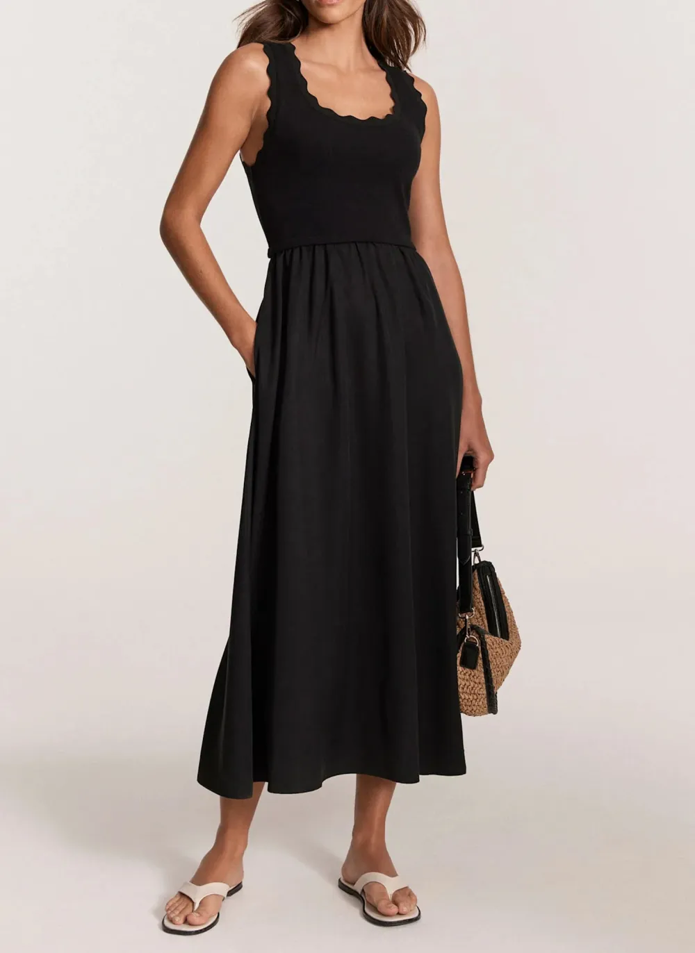 Casual Style Scallop Trim Midi Dress