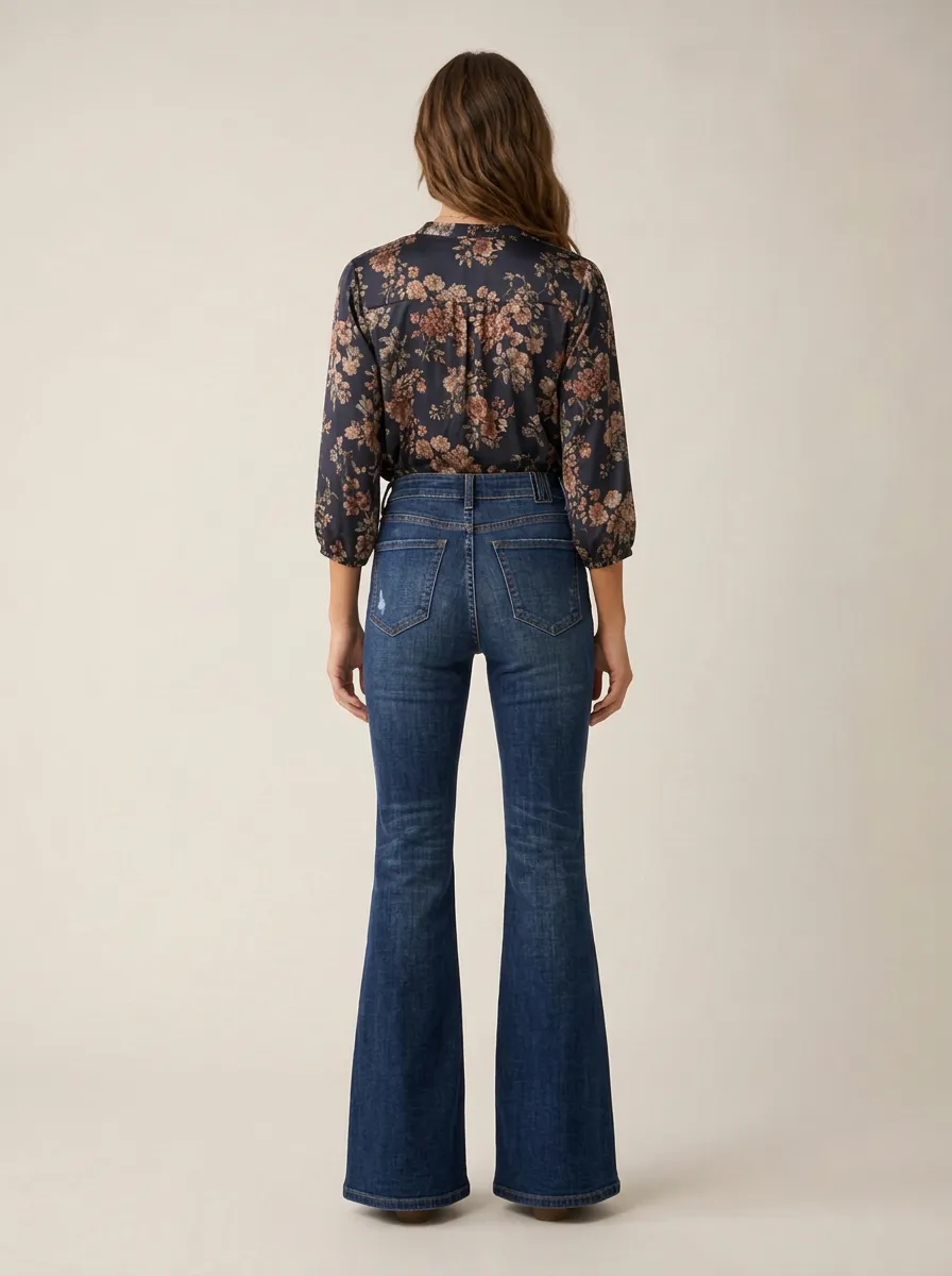 Women's High-Rise Distressed Button-Fly Flare Denim Jeans