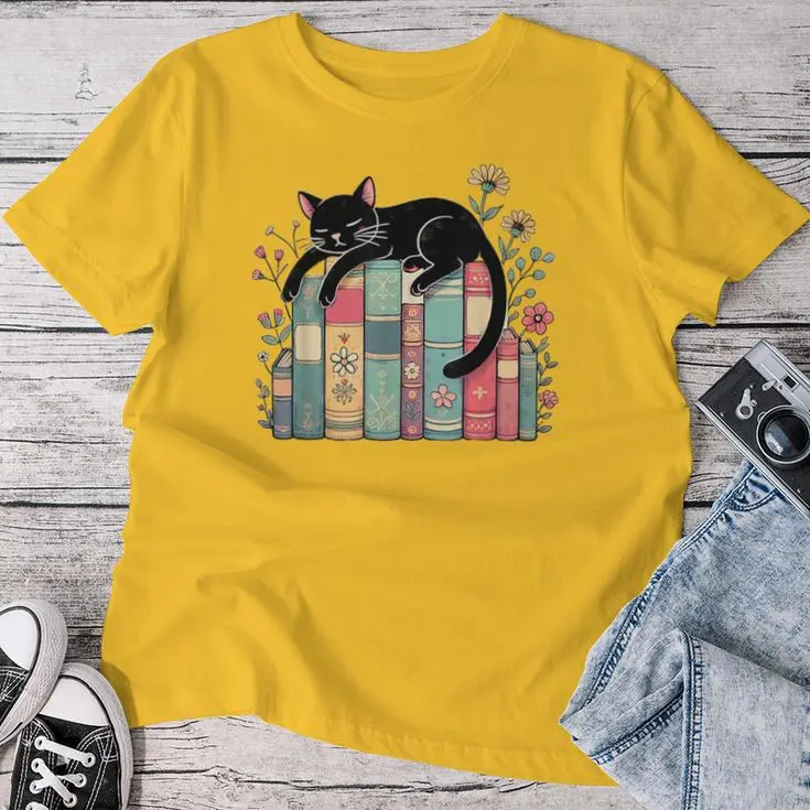 Floral Black Cat Sleeping On Books Women T-shirt