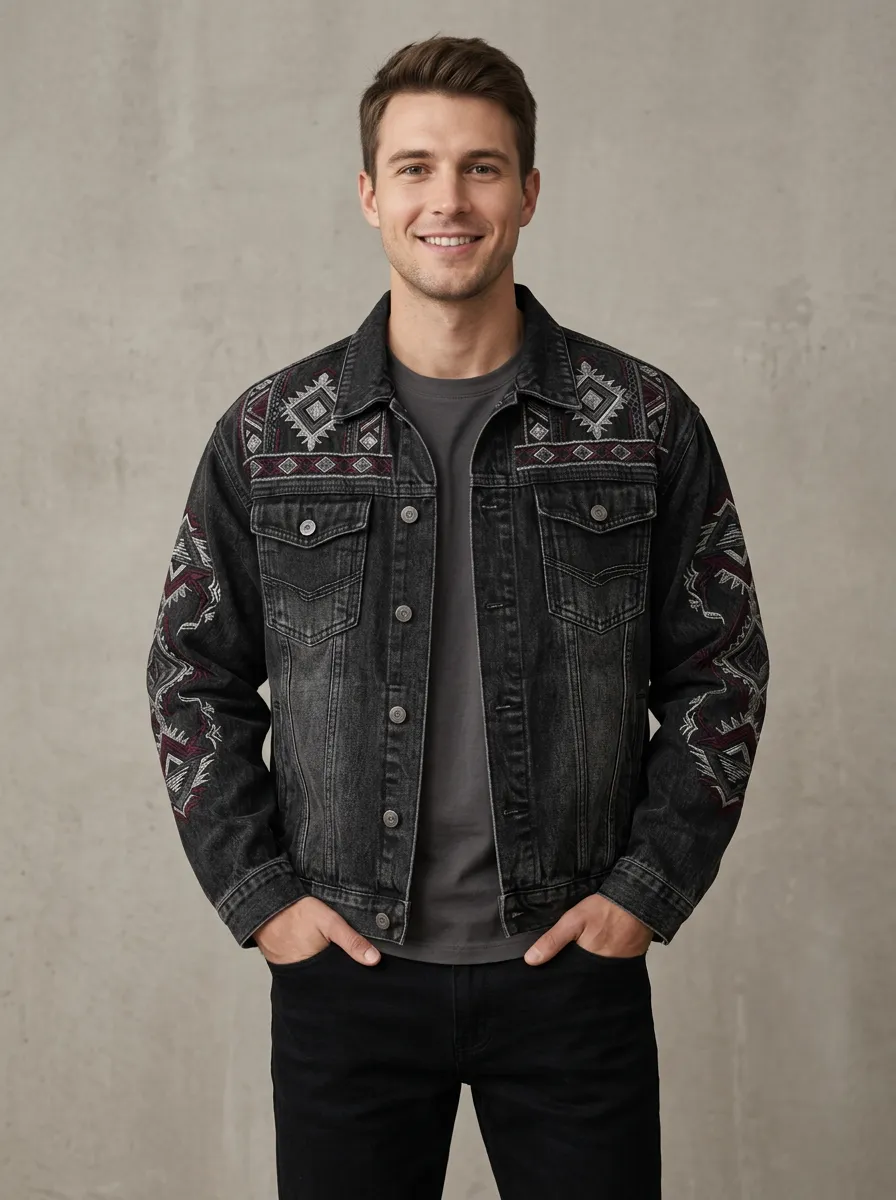 Men's Geometric Printed Aztec Denim Jacket