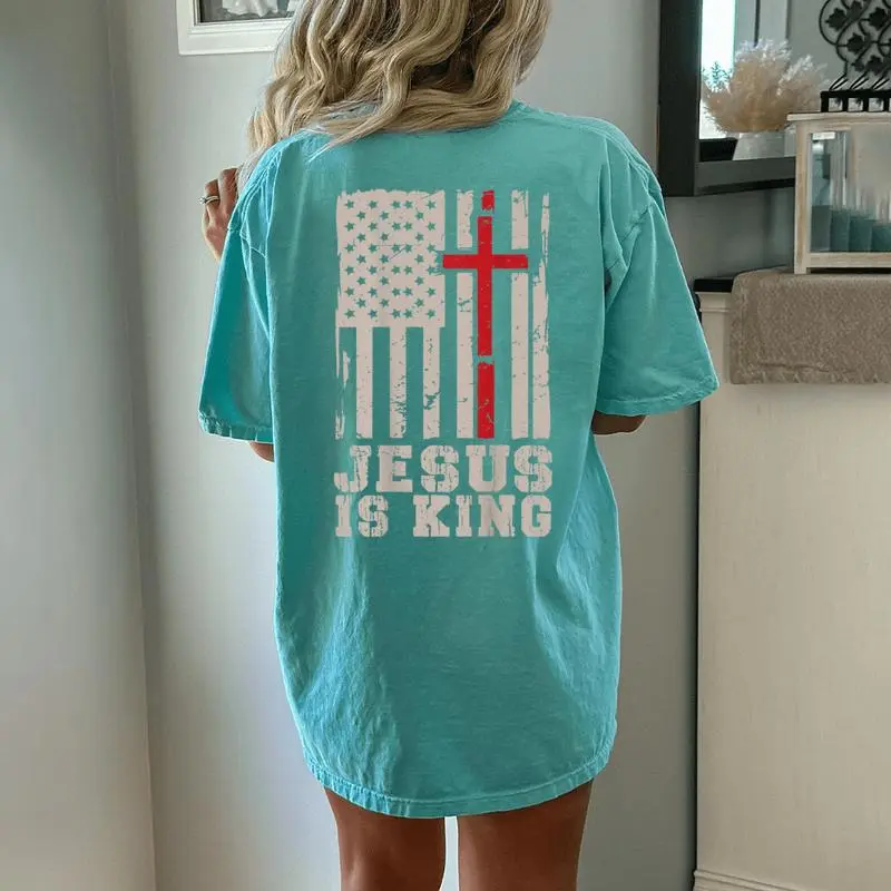 Jesus Is King Christ Lord Patriotic Christian American Flag Women's Oversized Comfort T-Shirt Back Print