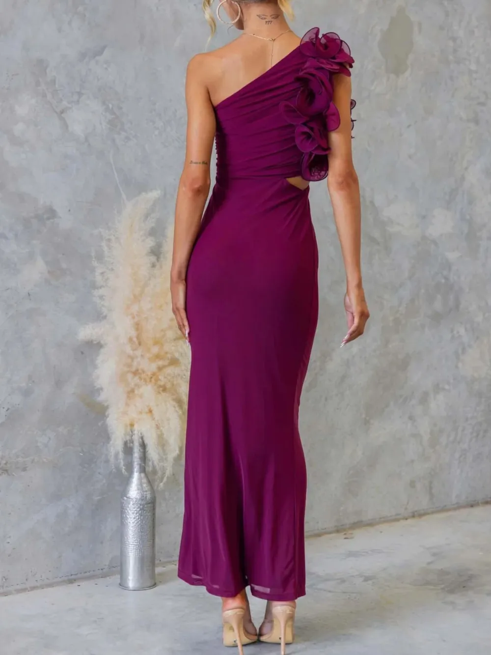 Ruched One-Shoulder Sleeveless Floral Maxi Dress