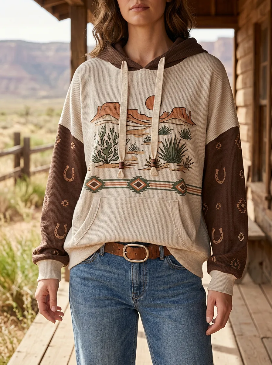 Women's Western Desert Cactus Horseshoe Printed Hoodie
