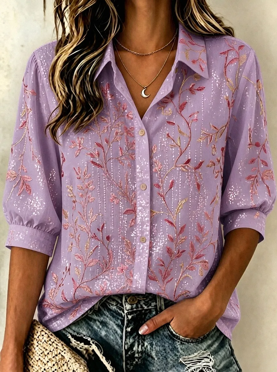 Women's Breast Cancer Awareness Pink Floral Vine Printed Button-Down Shirt
