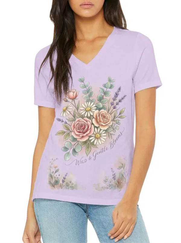 Women's Wild & Gentle Blooms Floral Watercolor Printed V-Neck T-Shirt