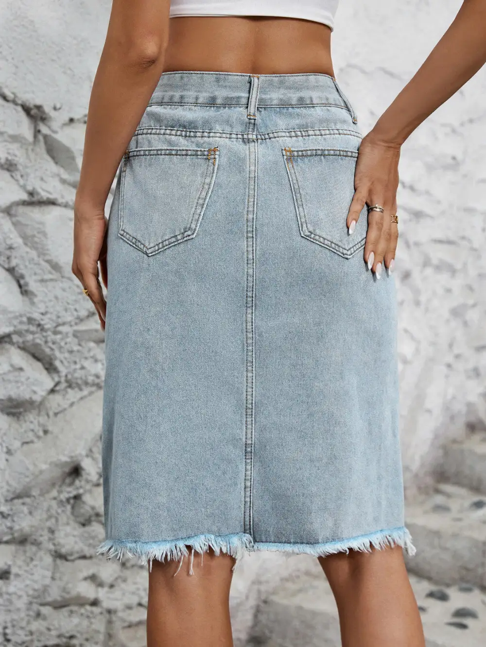 Balanced Button Front Denim Silhouette Skirt