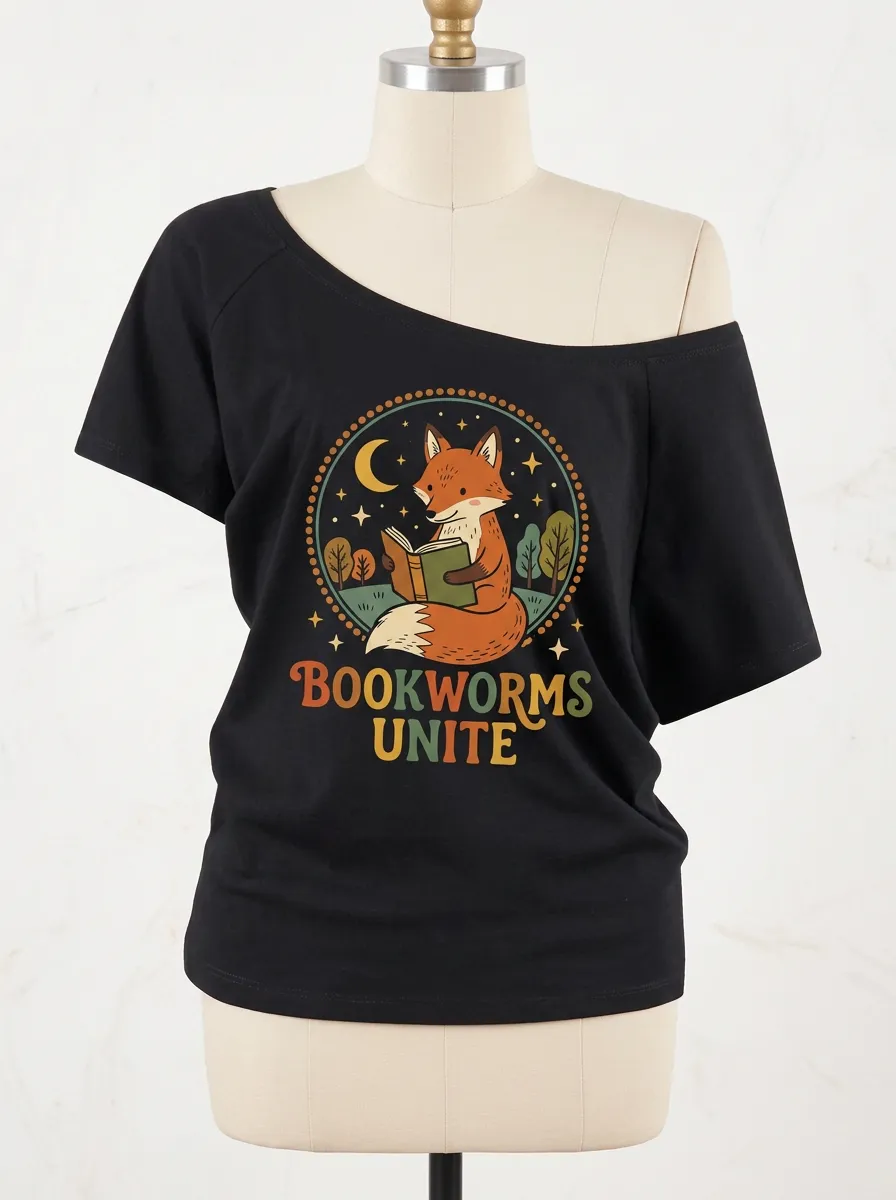 Bookworm Reader Fox Off-Shoulder T-Shirt