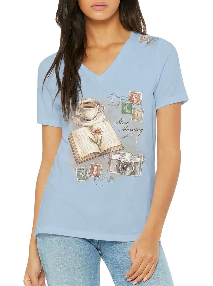 Women's Book Coffee Camera Lover Slow Morning Printed V-neck T-shirt