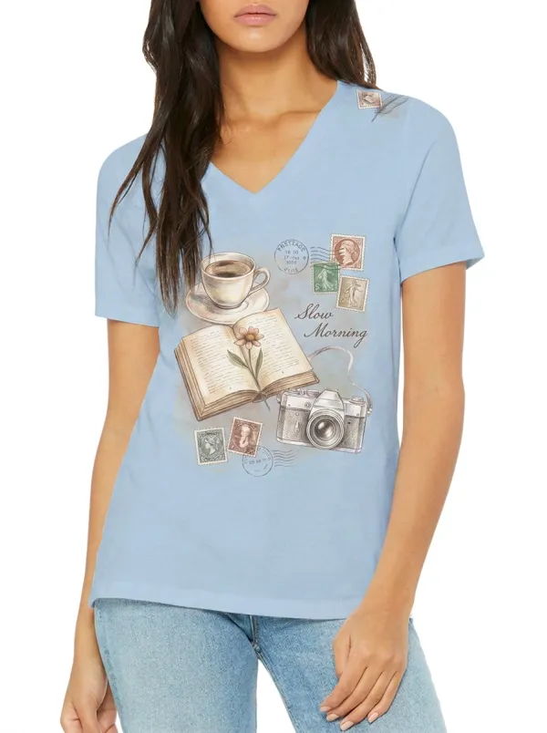 Women's Book Coffee Camera Lover Slow Morning Printed V-neck T-shirt