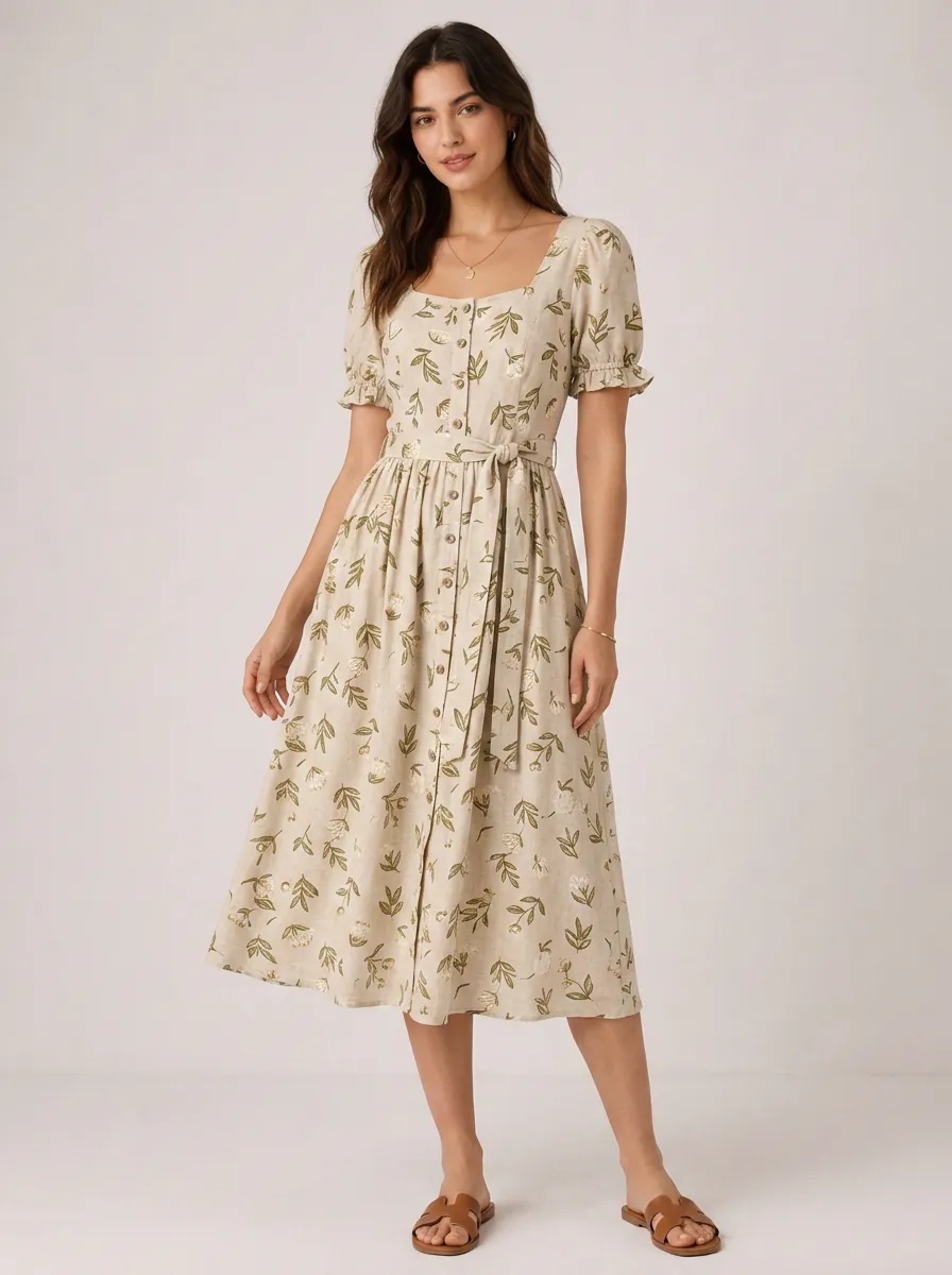 Women's Botanical Floral Print Linen Blend Button-Down Midi Dress