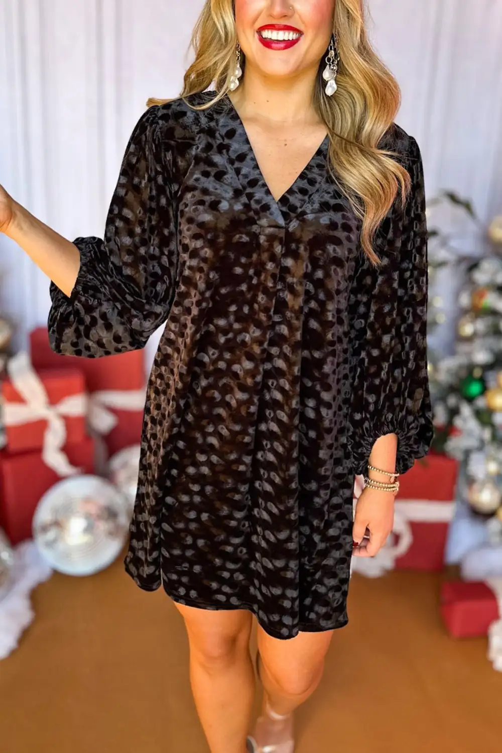 Textured V-Neck Velvet Look Mini Dress