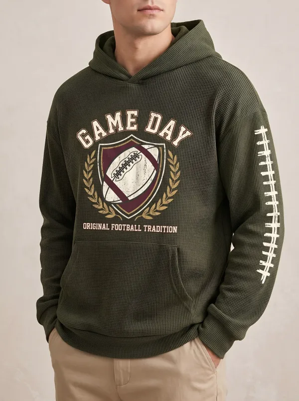 Men's American Football Game Day Shield Printed Waffle Hoodie