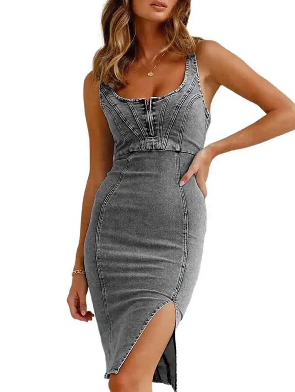 U Neck Denim Cami Mini Dress