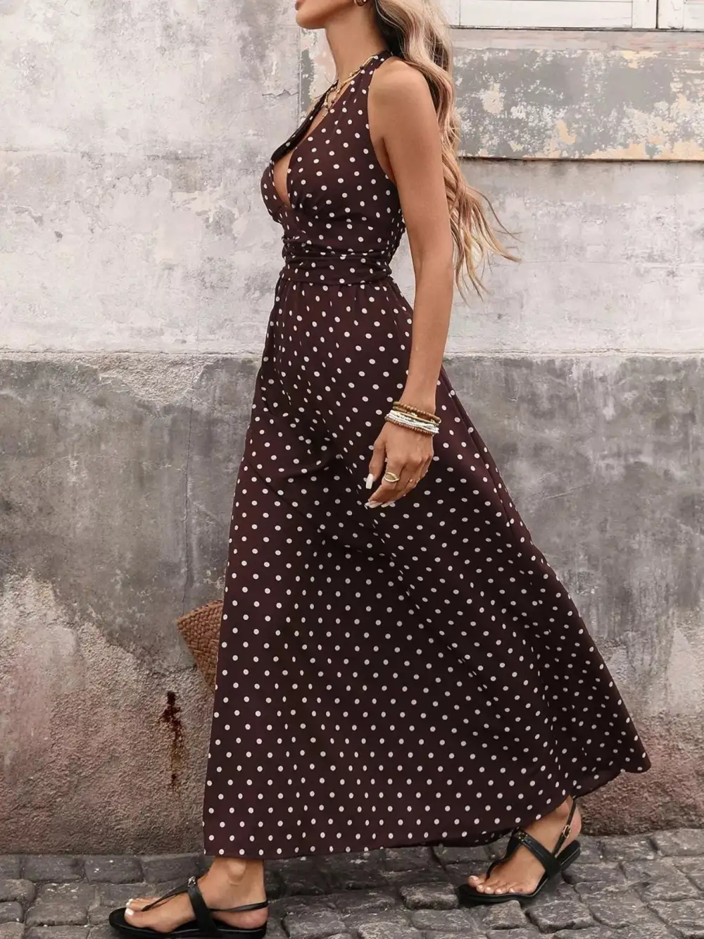 Modern Halter Polka-Dot Maxi Dress