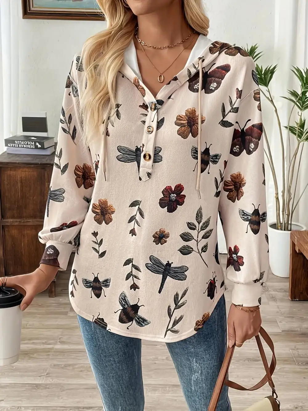 Drawstring Button-Front Buttoned Hoodie