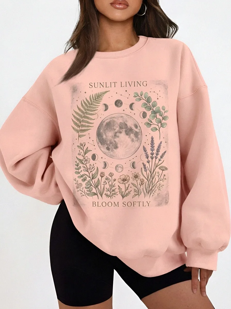 Women's Moon Phase Botanical Floral Printed Sweatshirt