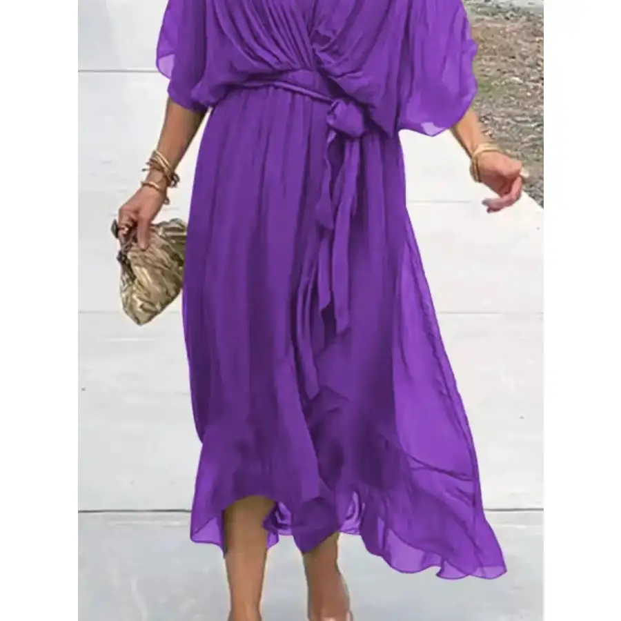 Full Size Flowy Tie Front Midi Dress with Flutter Sleeves Plus Size