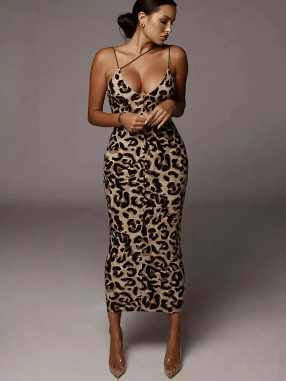 Spaghetti-Strap Leopard-Print Midi Dress