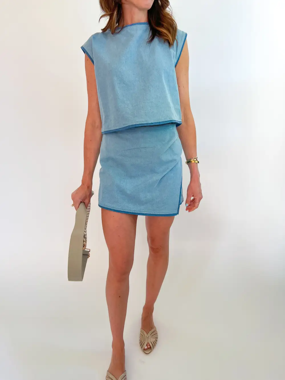 Denim Effect Wrap Top And Skirt Set