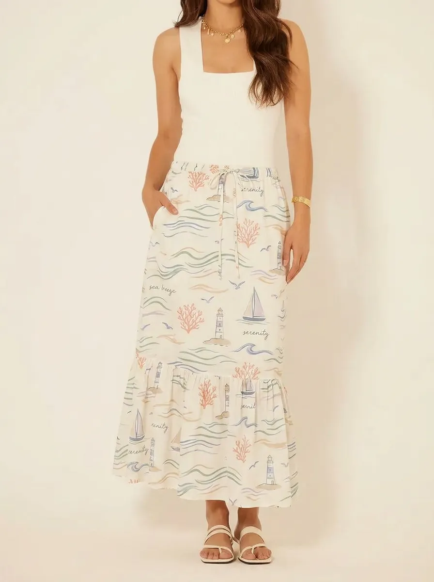 Women's Nautical Beach Lover Lighthouse Coral Printed Midi Skirt