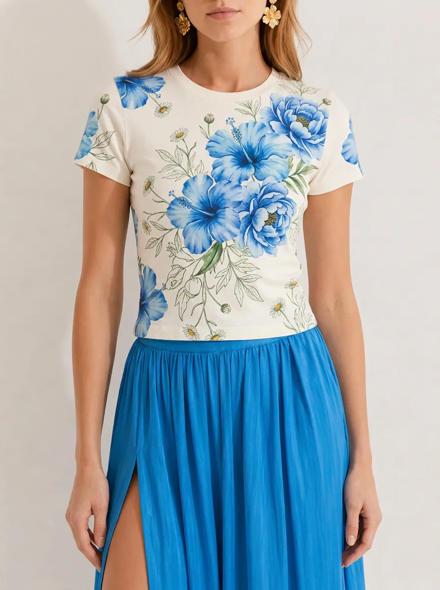 Women's Floral Lover Blue Hibiscus Printed T-shirt
