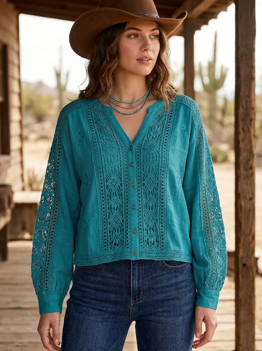 Women's Western B3 Floral Lace Crochet Button Down Top
