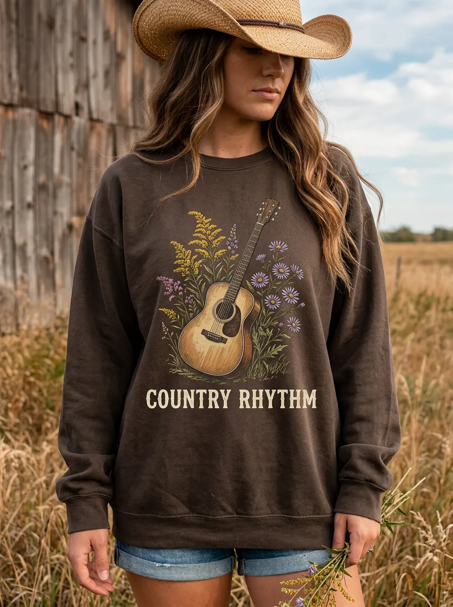 Rustic Country Music Acoustic Guitar Floral Crew Neck Sweatshirt