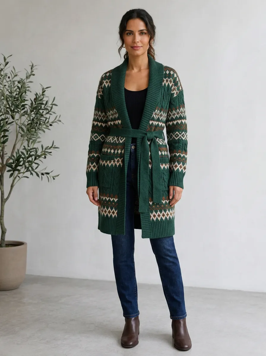 Women's Fair Isle Pattern Belted Green Knitted Cardigan