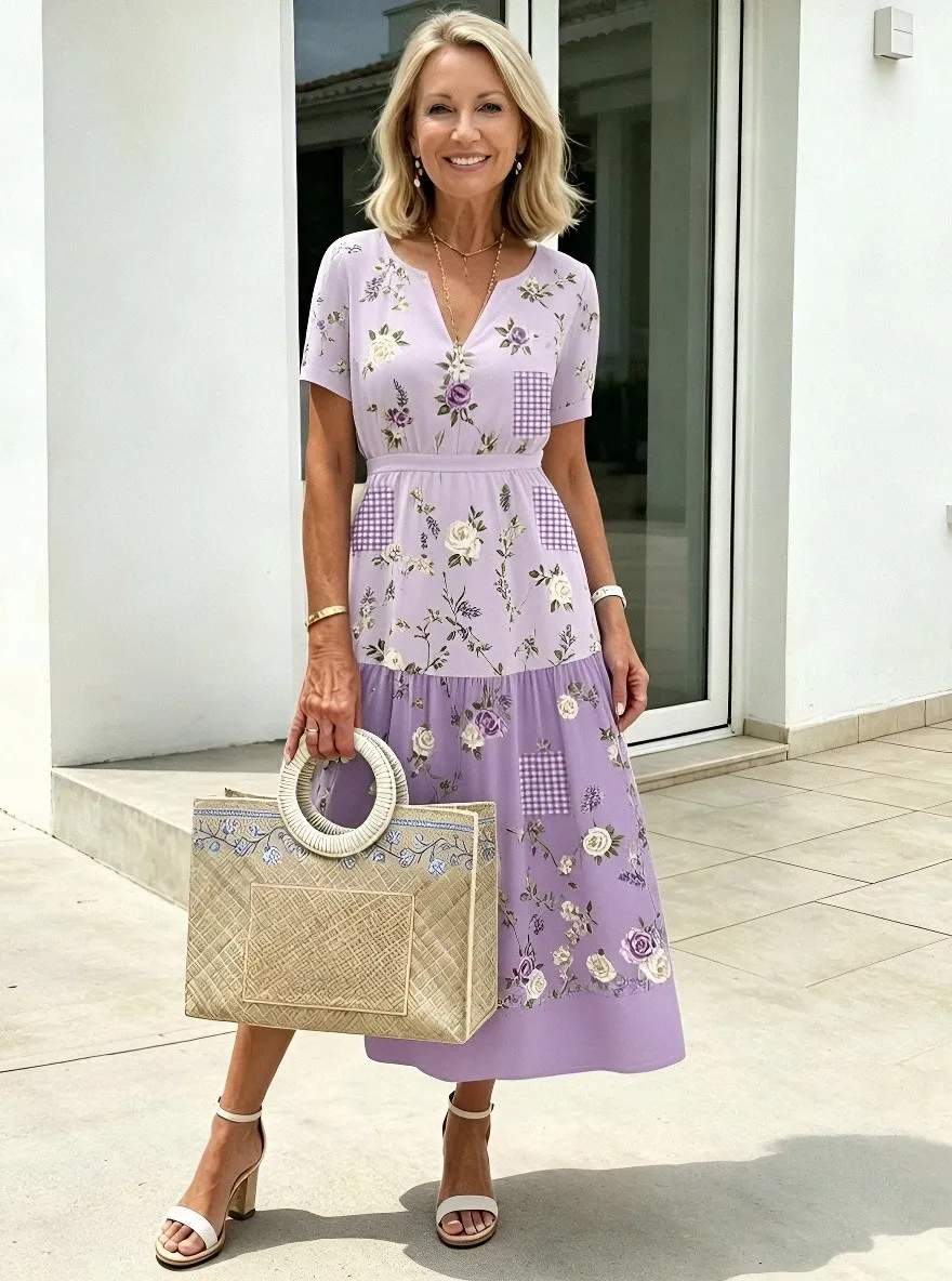 Women's Summer Vacation Lavender Floral Printed Midi Dress
