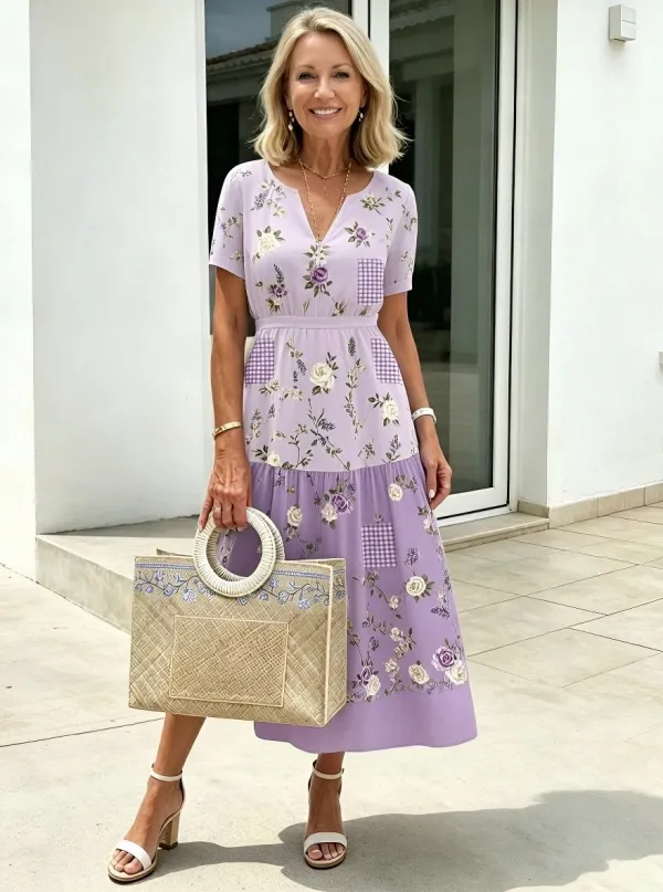 Women's Summer Vacation Lavender Floral Printed Midi Dress