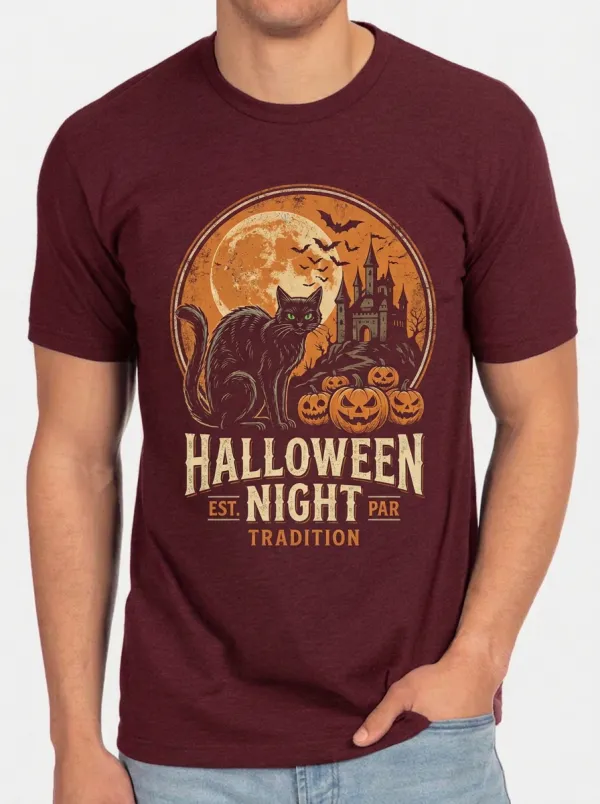 Men's Halloween Night Black Cat Pumpkin Castle Printed T-shirt