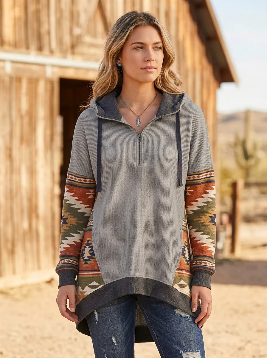 Women's Western B3 Aztec Pattern Printed Quarter-Zip Hoodie