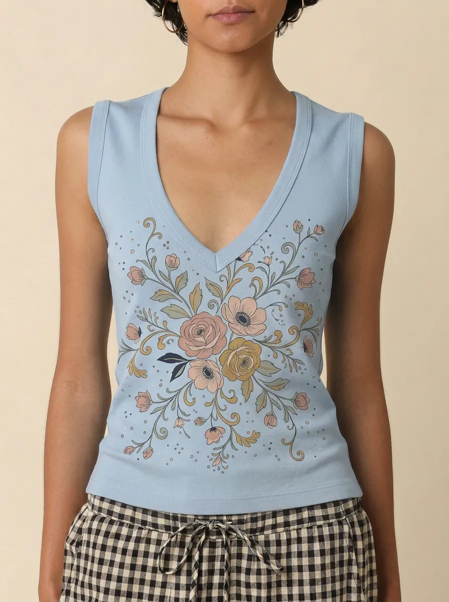 Women's Floral Lover Vintage Botanical Printed V-neck Tank Top