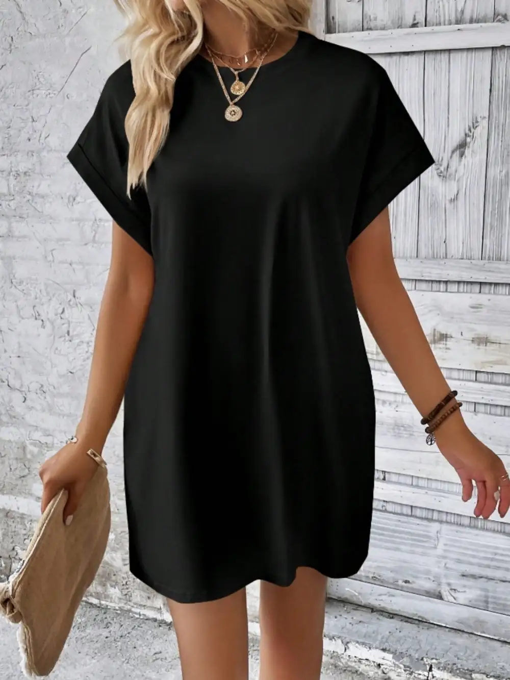 Round-Neck Short-Sleeve Cotton Casual Dress
