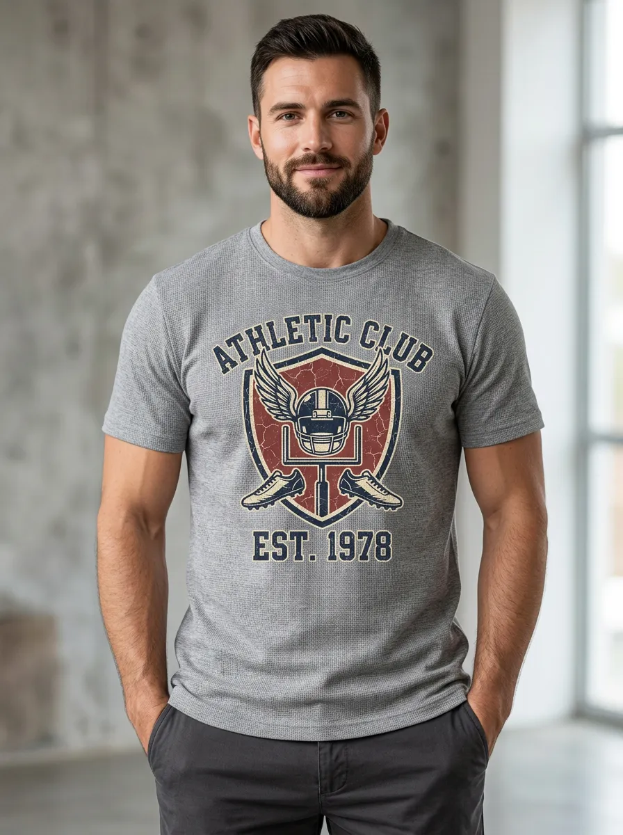 Men's Classic Helmet Football Shield Crew Neck Graphic T-Shirt