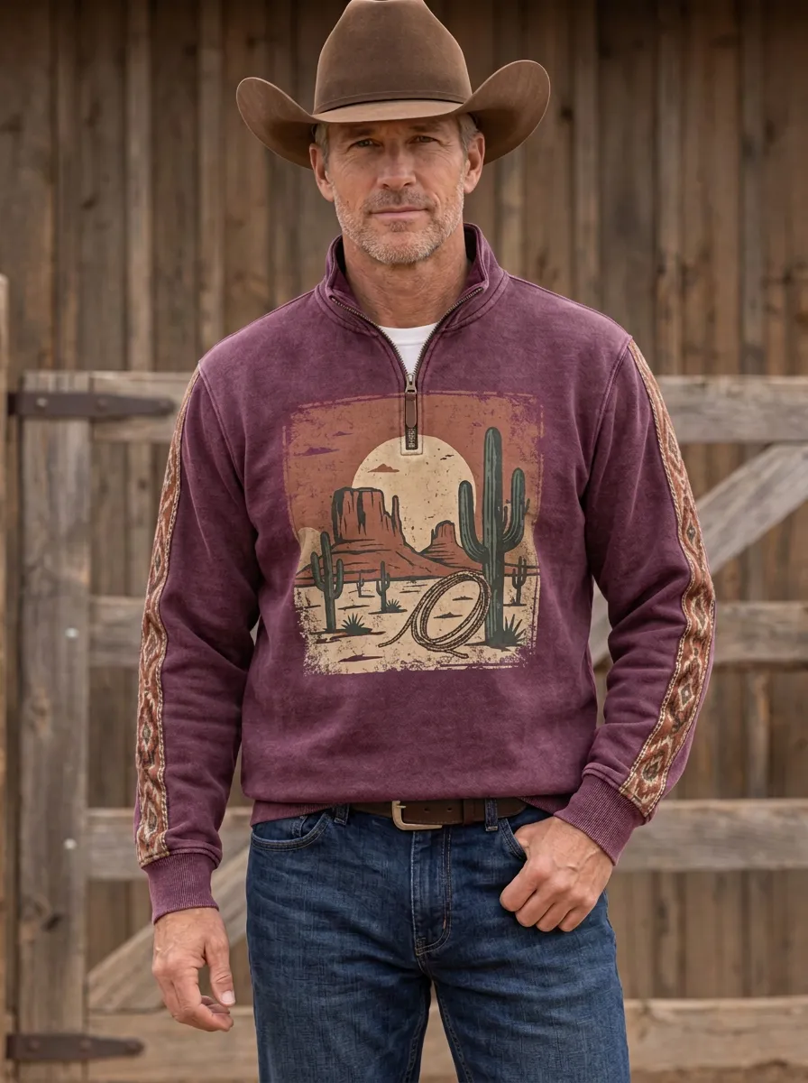 Men's Western Cowboy Lasso Cactus Desert Quarter-Zip Sweatshirt
